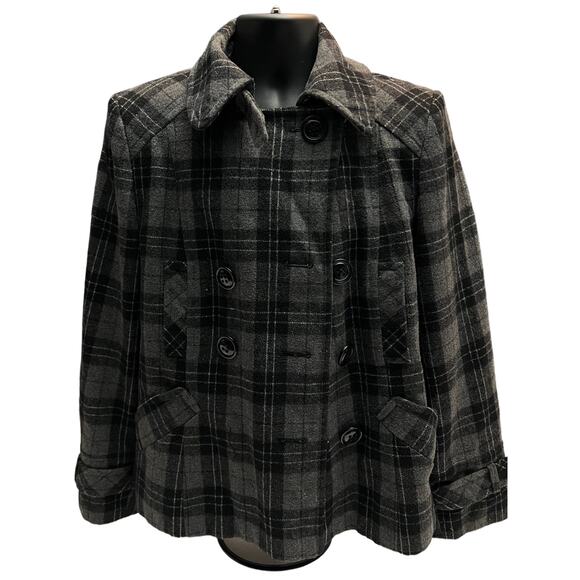Giacca Women’s Plaid Wool Blend Peacoat Jacket Large Gray Double Breasted Coat - Picture 1 of 13